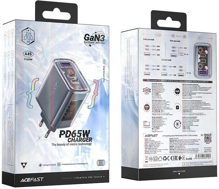 Sieninis įkroviklis Acefast A45 2x USB-C 1xUSB-A 65W PD - Pilkas