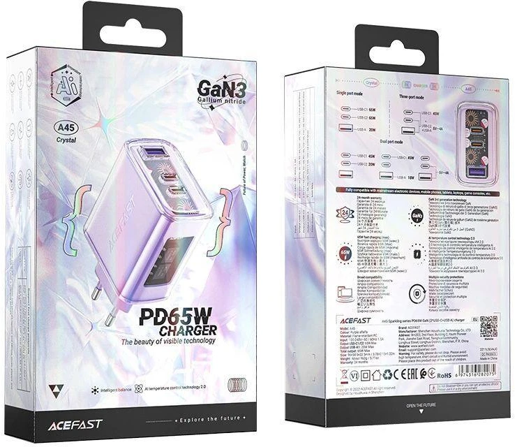 Sieninis įkroviklis Acefast A45, 2x USB-C, 1xUSB-A, 65W PD (violetinė)