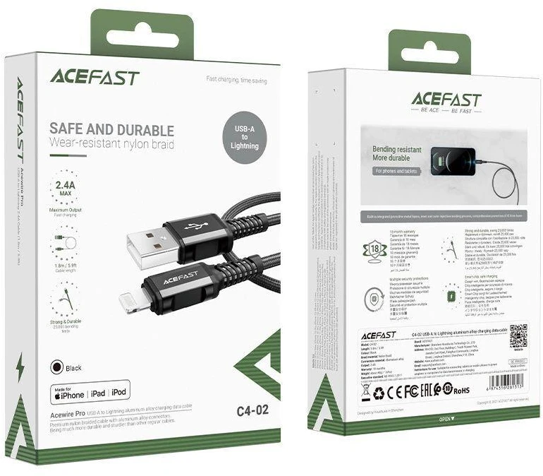 USB laidas Acefast C4-02 MFi USB-A iki Lightning 1.8m juodas