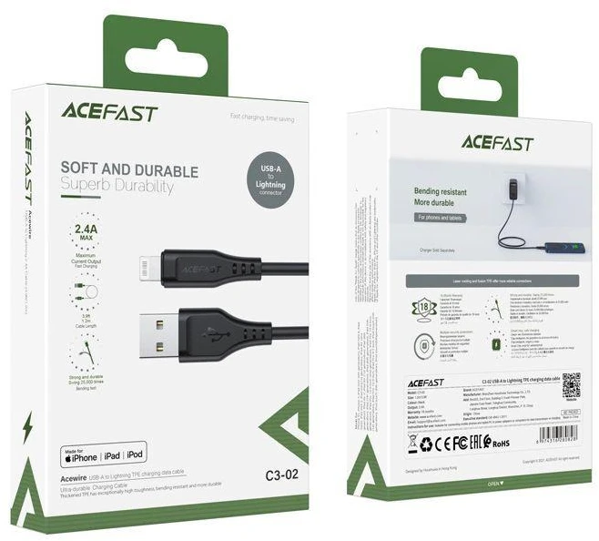 USB laidas Acefast C3-02 MFi USB-A iki Lightning 1.2m juodas