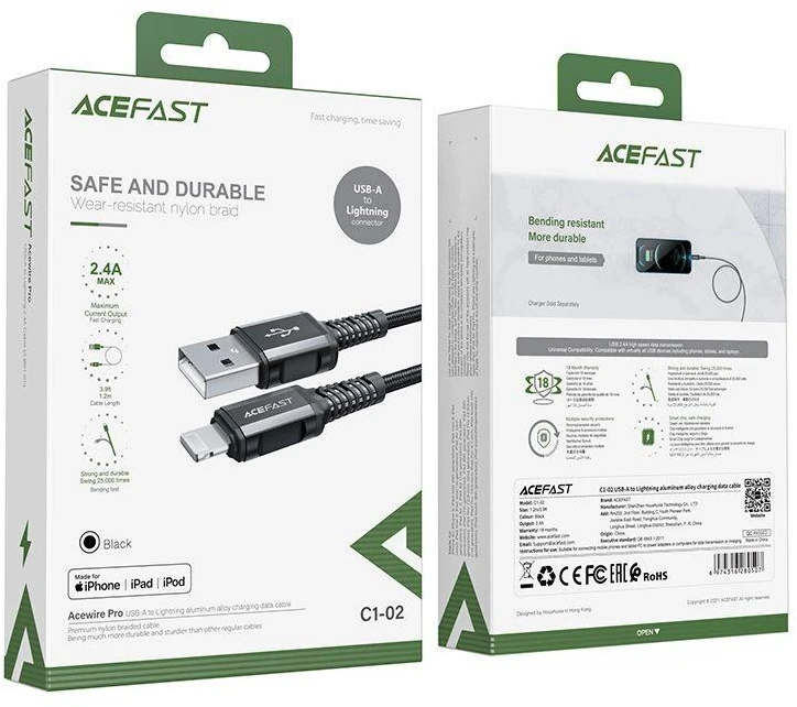 USB laidas prie Lightning Acefast C1-02, 1.2 m (juoda)