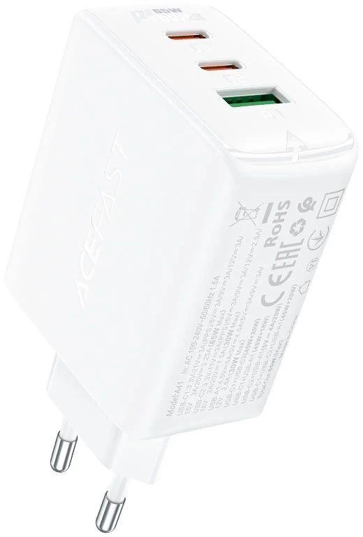 Acefast A41 sieninis įkroviklis, 2x USB-C + USB, GaN 65W (balta)