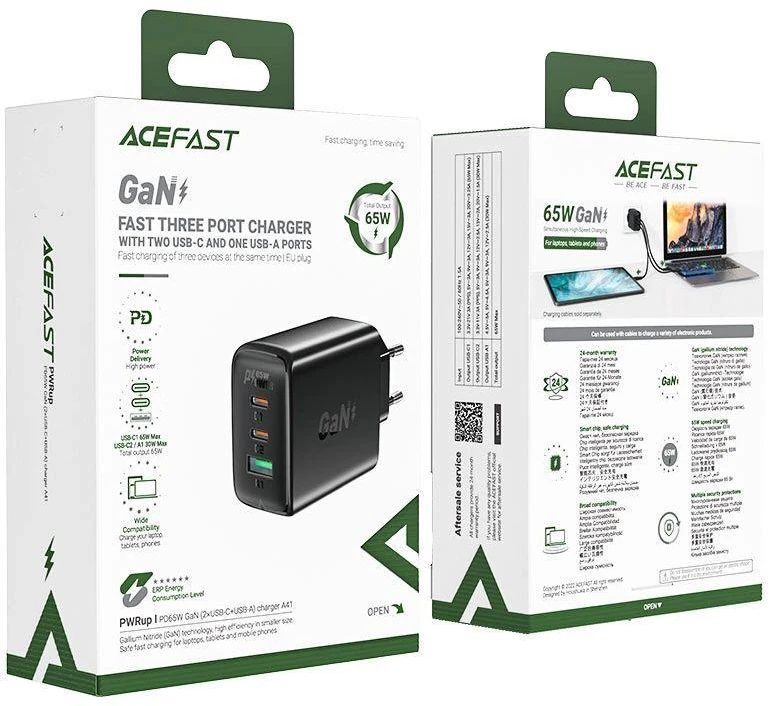 Acefast A41 sieninis įkroviklis, 2x USB-C + USB, GaN 65W (balta)