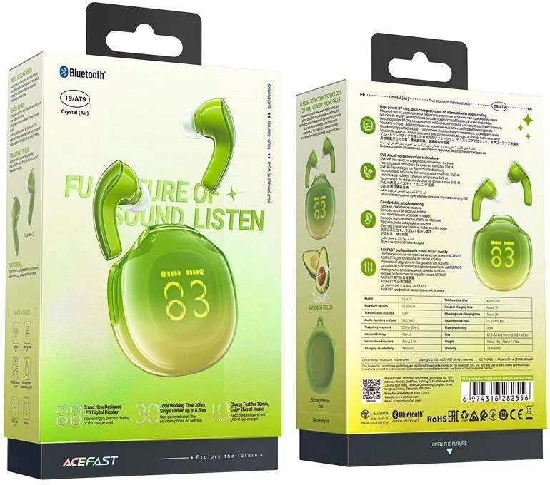 Ausinės TWS Acefast T9, Bluetooth 5.3, IPX4 (avokado žalia)