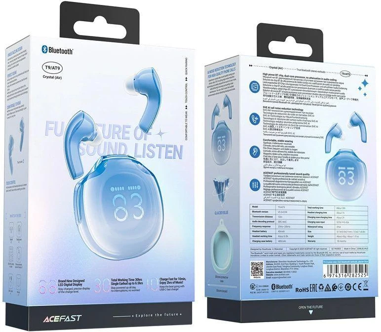 Ausinės TWS Acefast T9, Bluetooth 5.3, IPX4 (ledyno mėlyna)