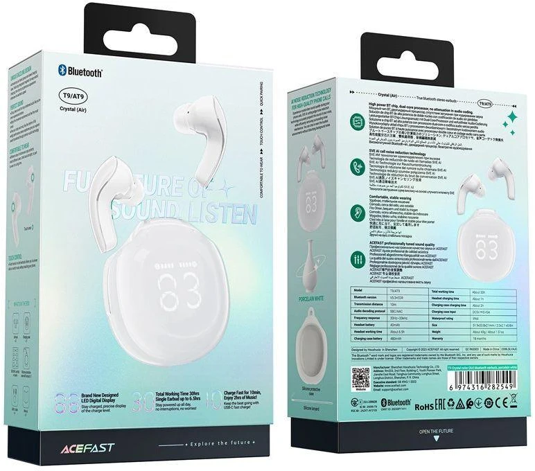 Ausinės TWS Acefast T9, Bluetooth 5.3, IPX4 (porceliano balta)