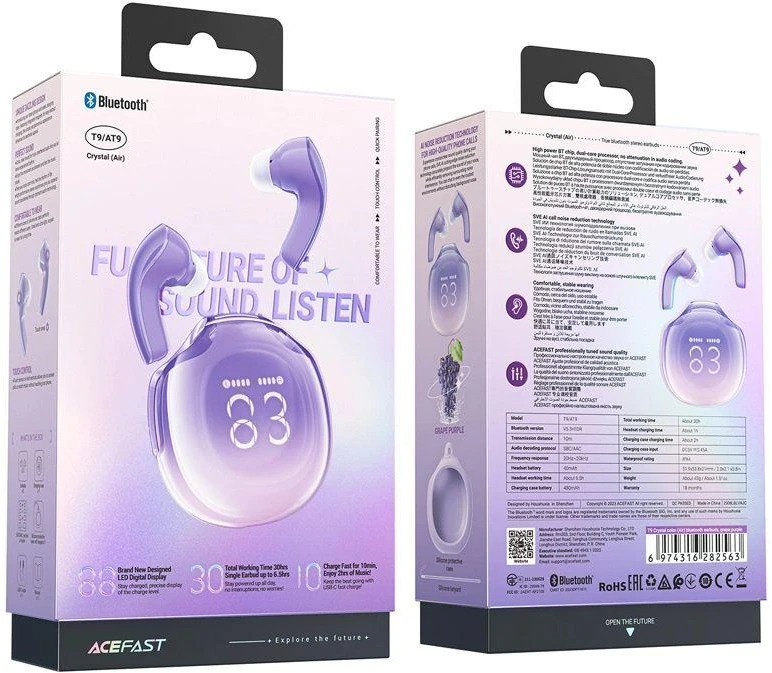 Ausinės TWS Acefast T9, Bluetooth 5.3, IPX4 (vynuogių violetinė)