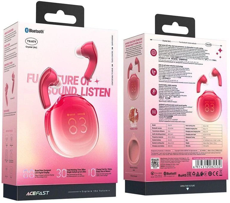 Ausinės TWS Acefast T9, Bluetooth 5.3, IPX4 (pomelo raudona)