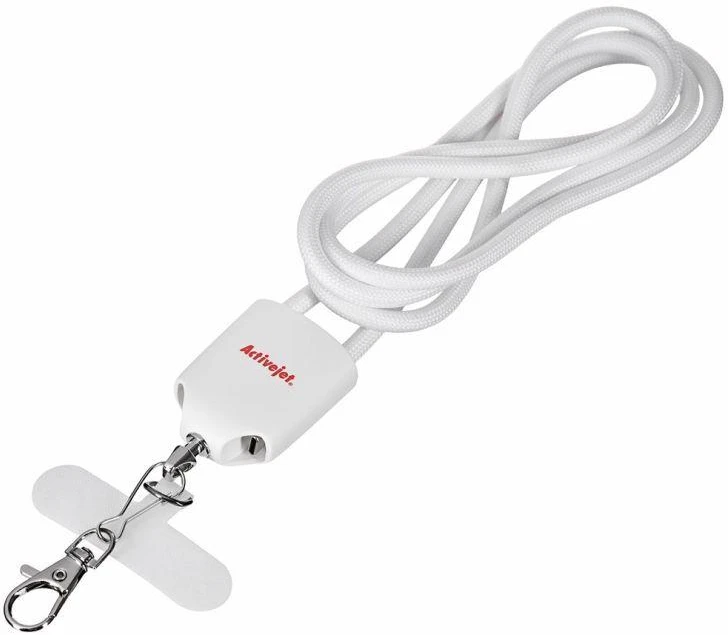 Activejet virvelė su 3 viename įkrovimo laidu, baltas. Galuose įvairios jungtys: USB-C, „Lightning“ adapteris, USB-A