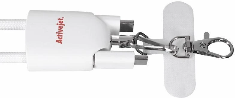 Activejet virvelė su 3 viename įkrovimo laidu, baltas. Galuose įvairios jungtys: USB-C, „Lightning“ adapteris, USB-A