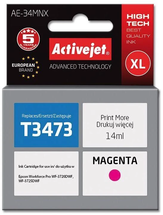 „Activejet AE-34MNX“ rašalo kasetė (pakeitimas „Epson 34XL T3473“; „Supreme“; 14 ml; purpurinė)