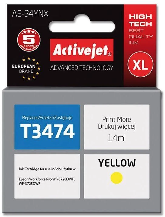 „Activejet AE-34YNX“ rašalo kasetė (pakeitimas „Epson 34XL T3474“; „Supreme“; 14 ml; geltona)