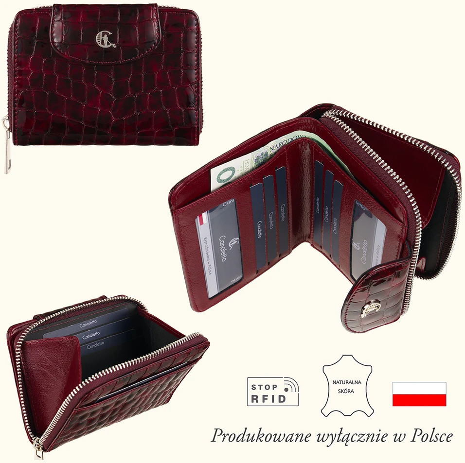 ADELINA Portfel damski skórzany Canaletto lakierowany ochrona RFID