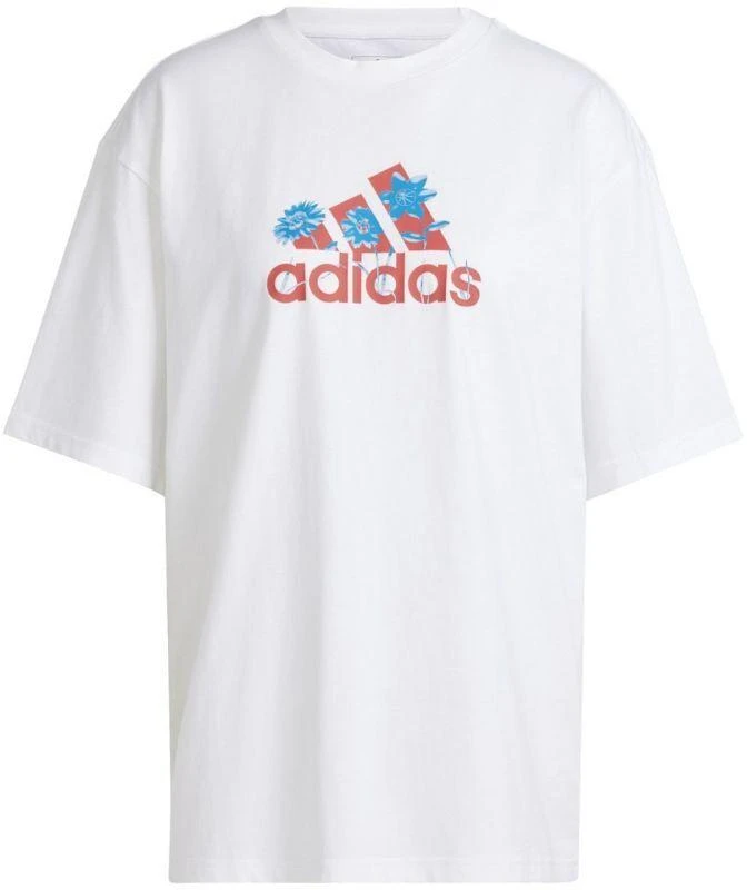 ADIDAS Gėlių rašto „Badge of Sport“ moteriški marškinėliai, balti IT1421