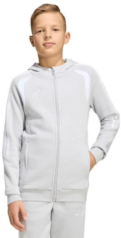 adidas Tiro 26 League sportinis džemperis su gobtuvu ir užtrauktuku visam ilgiui vaikams pilkas KF3323