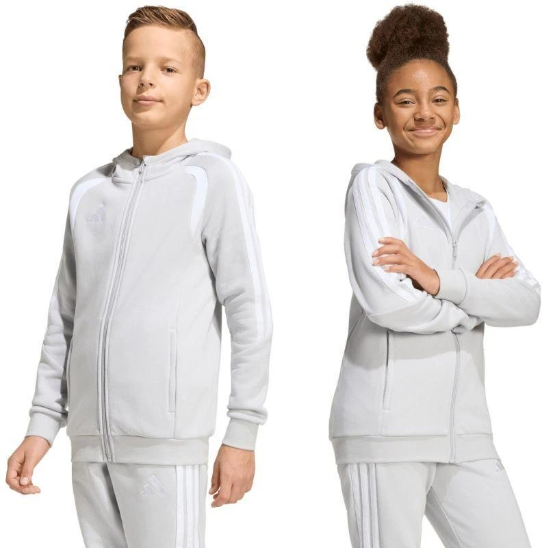 adidas Tiro 26 League sportinis džemperis su gobtuvu ir užtrauktuku visam ilgiui vaikams pilkas KF3323