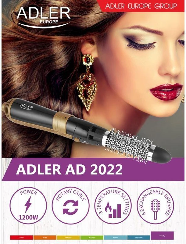Adler | Plaukų formuotojas | AD 2022 | Temperatūra (maks.) 80 °C | Šildymo lygių skaičius 3 | 1200 W | Juodas