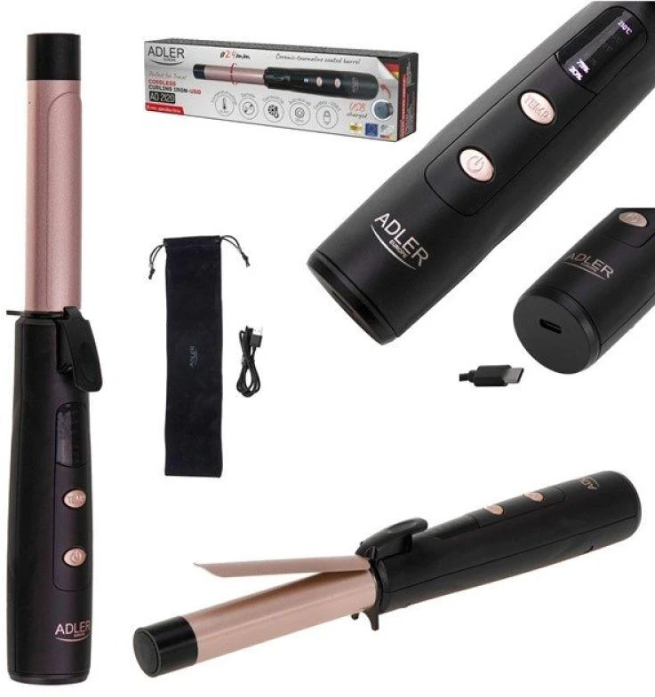 Adler Cordless Curling Iron | AD 2120 | Temperature (min) 170 °C | Ekranas LED | Juodas/Rose Gold