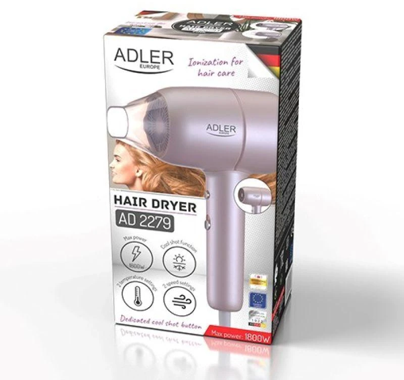 Adler Plaukų džiovintuvas | AD 2279p | 1800 W | Number of temperature settings 2 | Ionic function | Rožinė