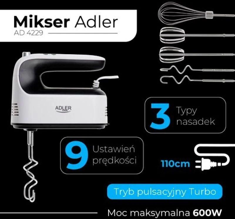Plakiklis Adler Hand Mixer | AD 4229 | Hand Mixer | 600 W | Greičių skaičius 9 | Turbo mode | Juodas/Baltas