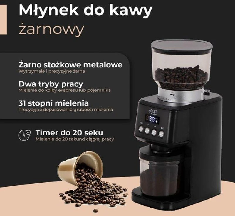 Kavamalė Adler Burr kavos malūnėlis | 4300 AD | 180 W | Kavos pupelių talpa 300g | Juodas