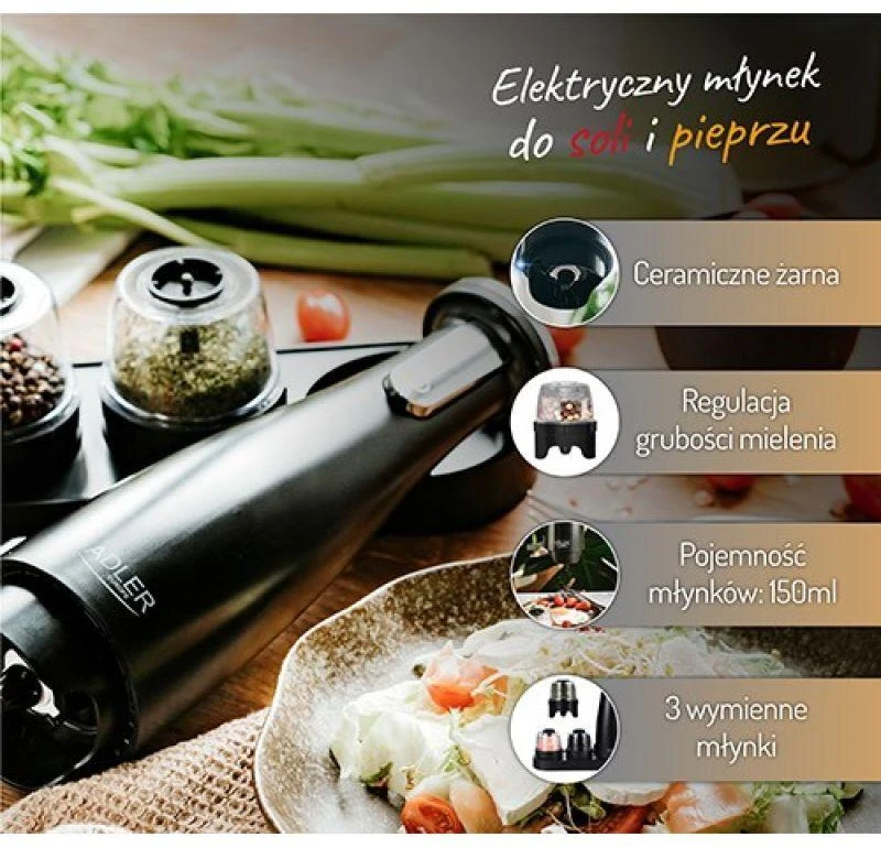 Adler | Elektrinis druskos ir pipirų malūnėlis | AD 4449b | Korpuso medžiaga ABS plastikas | 7 W | Ličio | Matinis Juodas