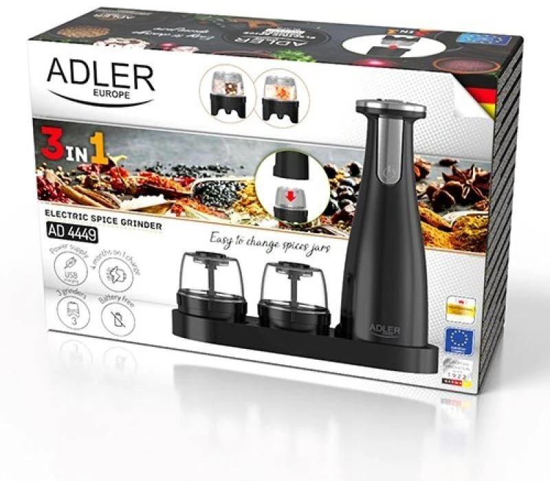 Adler | Elektrinis druskos ir pipirų malūnėlis | AD 4449b | Korpuso medžiaga ABS plastikas | 7 W | Ličio | Matinis Juodas