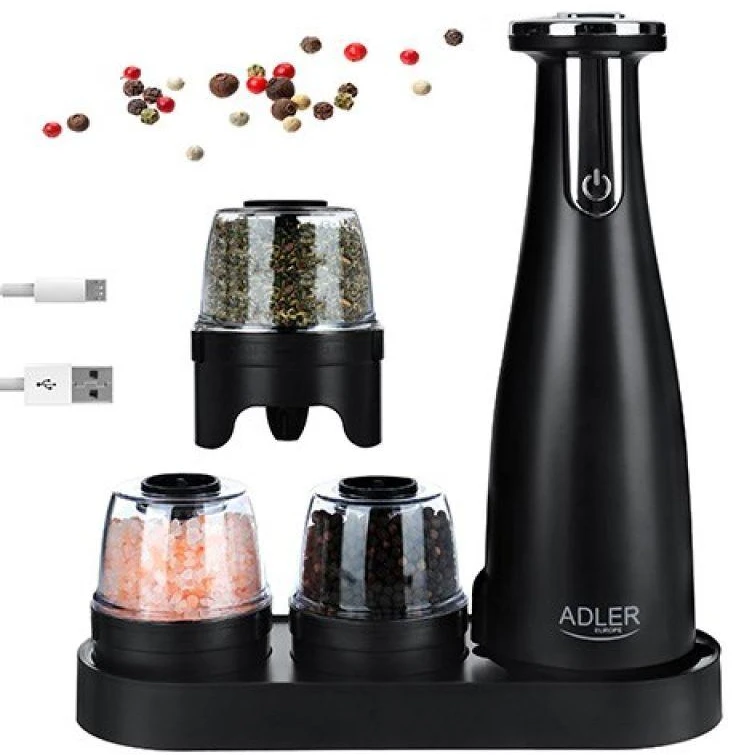 Adler | Elektrinis druskos ir pipirų malūnėlis | AD 4449b | Korpuso medžiaga ABS plastikas | 7 W | Ličio | Matinis Juodas