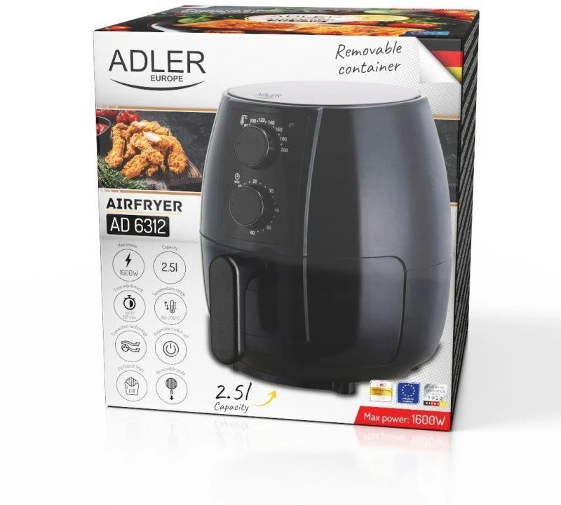 Gruzdintuvė Adler Airfryer orkaitė | AD 6312 | Galia 1600 W | Talpa 2,5 L | Konvekcija | Juodas