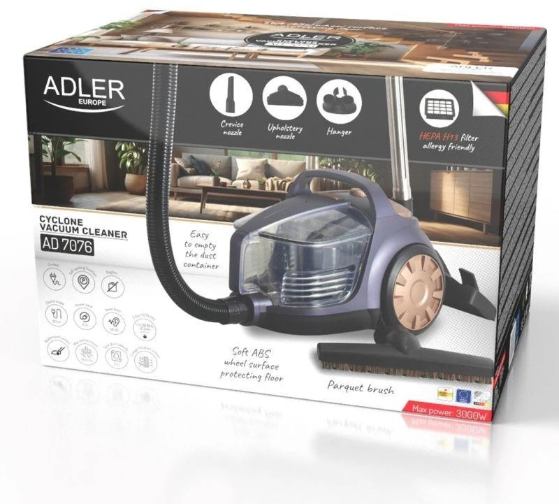 „Adler Cyclone“ dulkių siurblys | AD 7076 | Be maišelio | Galia 3000 W | Dulkių talpa 3,5 l | Violetinis