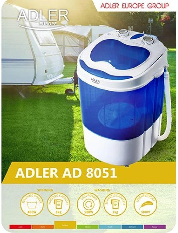 Adler | Skalbimo mašina | AD 8051 | Top loading | Skalbimo talpa 3kg | Unspecified RPM | Gylis 37 cm | Plotis 38 cm | Baltas/Mėlyna