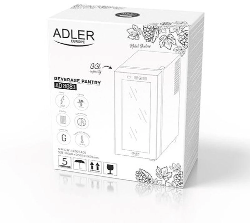 Adler | Gėrimų sandėliukas | AD 8083 | Energijos vartojimo efektyvumo klasė G | Laisvai stovintis | Butelių talpa 12 | Juodas