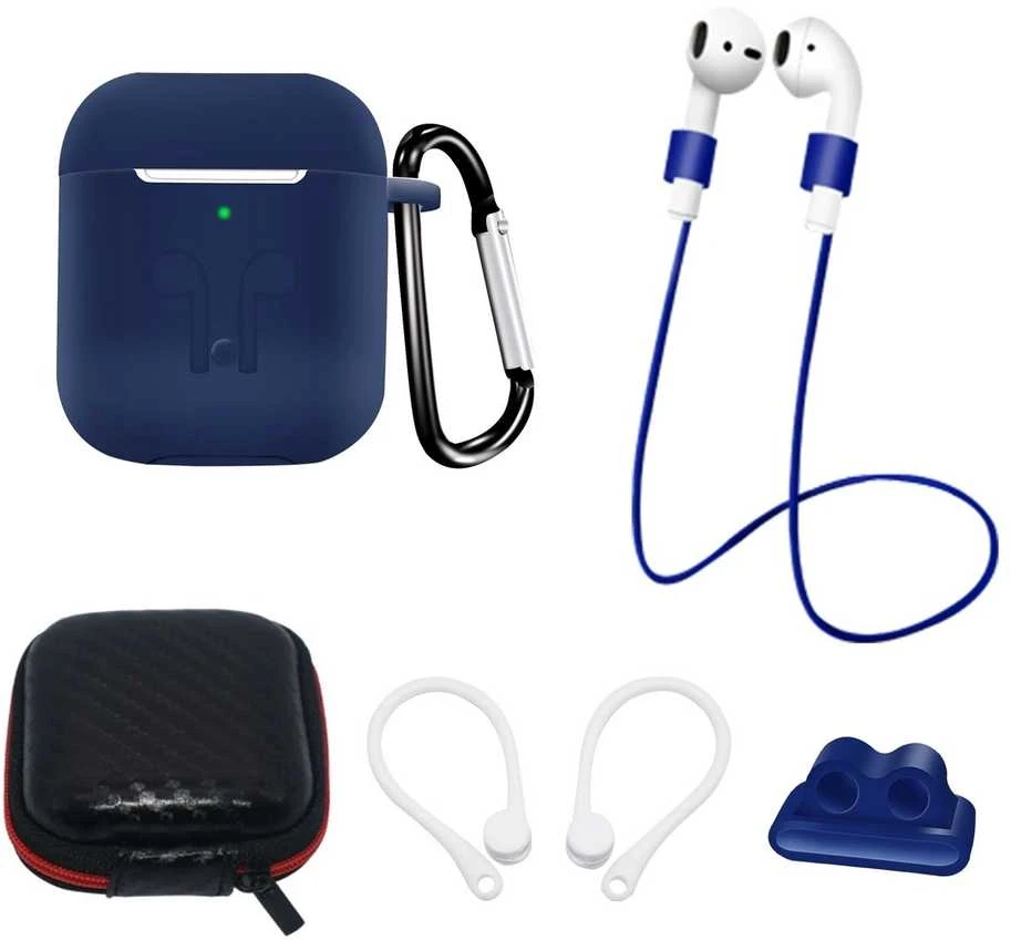 Hurtel Set of AirPods 2 / AirPods 1 Silikoninis dėklas + case / ear hook / neck strap / watch strap holder / carabiner – mėlynos spalvos