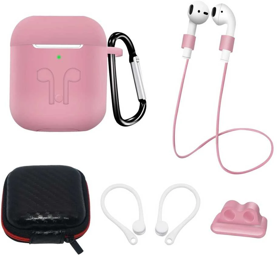 Dėklas Hurtel Set of AirPods 2 / AirPods 1 silikoninis case + case / ear hook / neck strap / watch strap holder / carabiner – rožinės spalvos