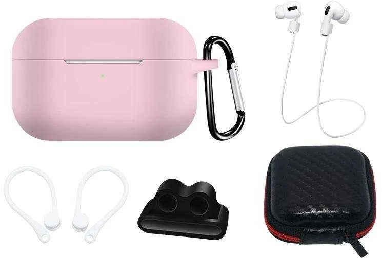 Hurtel Silikoninis dėklas Set for AirPods Pro 2 / AirPods Pro 1 + Case / Ear Hook / Neck Strap / Watch Strap Holder / Carabiner – rožinės spalvos