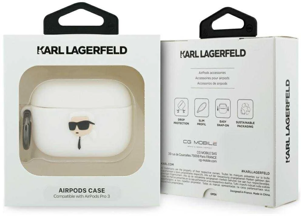 Karl Lagerfeld silikoninis Karl Head 3D dėklas AirPods Pro 3 ausinėms - Baltas
