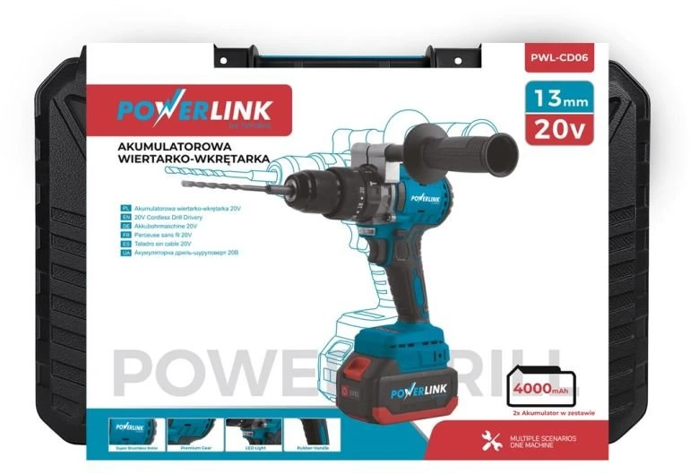 „Extralink POWERLINK“ AKUMULIATORINIS SMŪGINIS GRĘŽTUVAS SU RANKENA PWL-06 13MM 20V 2X4AH