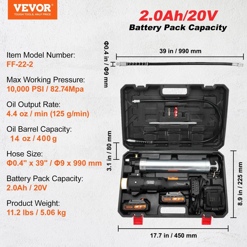 VEVOR Belaidė tepalo pompa 20 V 2,0 Ah su dėže