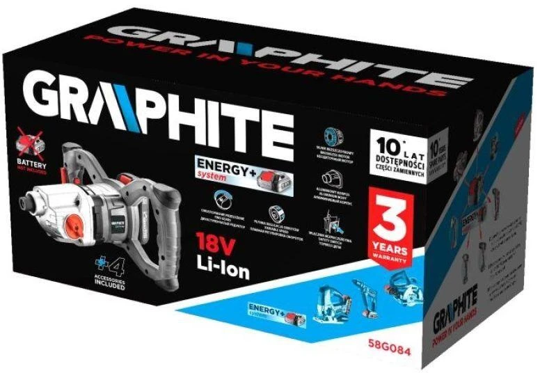 Graphite Mieszarka Bešepetis akumuliatorinis maišytuvas „Energy+ 18V“, greitis: I: 250–400 min-1, II: 350–650 min-1