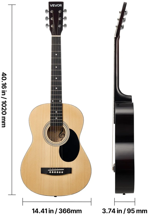 VEVOR Dreadnought akustinė gitara 99 cm pradedančiųjų rinkinys