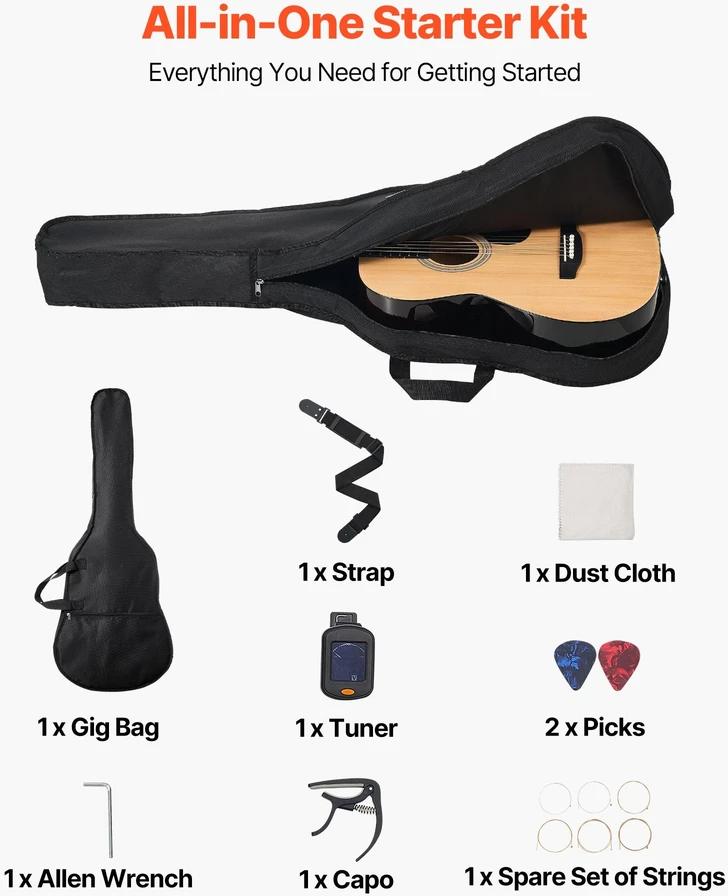 VEVOR Dreadnought akustinė gitara 99 cm pradedančiųjų rinkinys