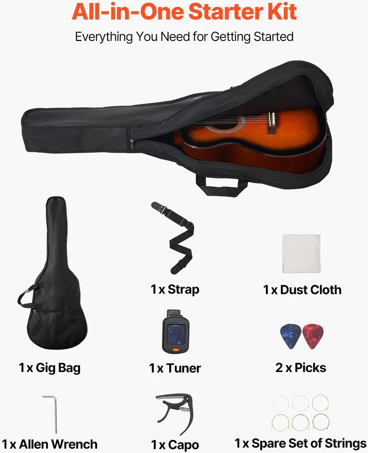 VEVOR Drednoto akustinė gitara su priedais, 40 cm