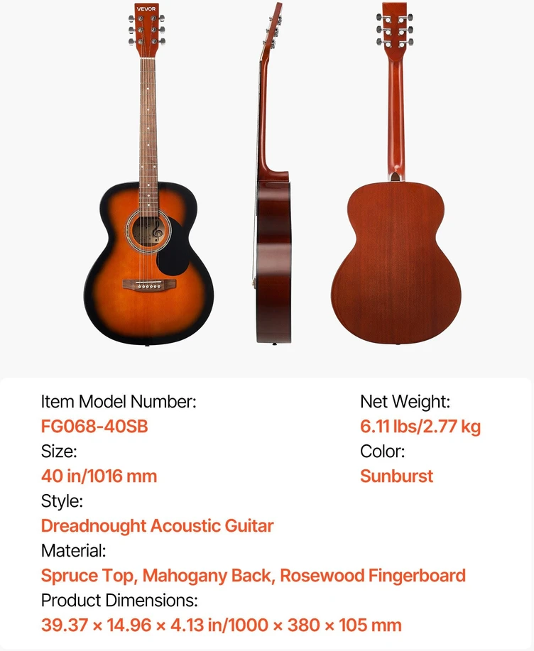 VEVOR Drednoto akustinė gitara su priedais, 40 cm