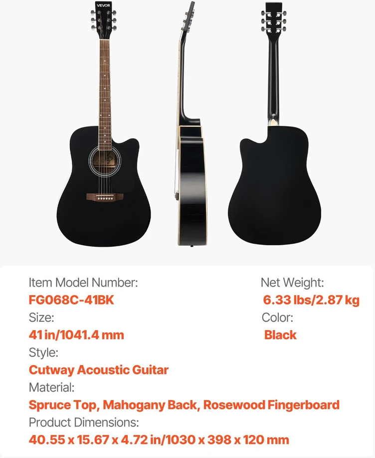 VEVOR 41 cm akustinė gitara su dėklu juoda