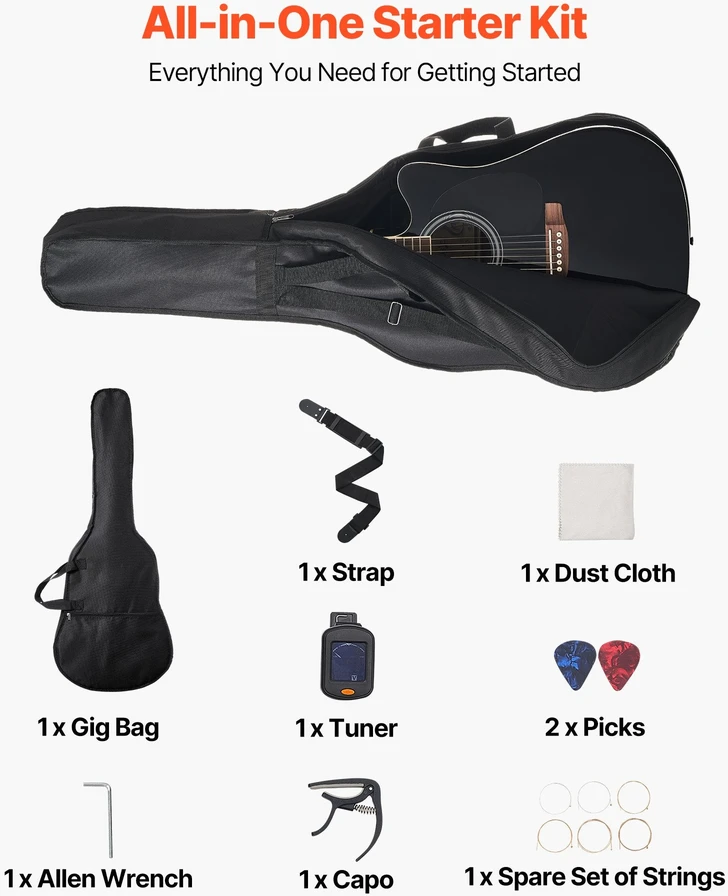 VEVOR 41 cm akustinė gitara su dėklu juoda