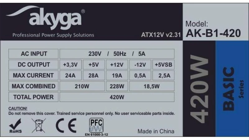 Ausinės Akyga AK-B1-420 maitinimo blokas (420 W; pasyvus; 120 mm)