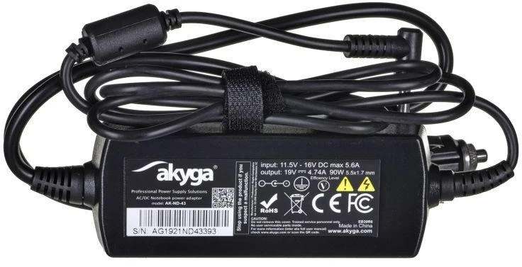 Automobilinis nešiojamojo kompiuterio pakrovėjas Akyga AK-ND-43 (19V / 4.74A 90W 5.5 x 1.7mm) ACER 1.2m