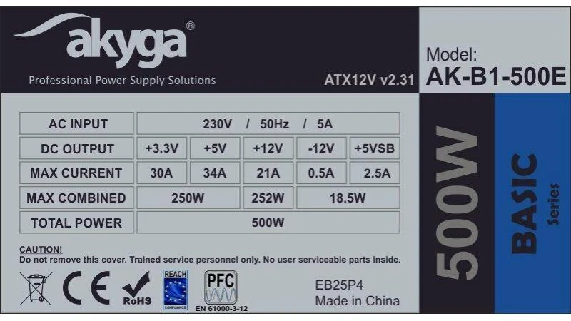 Akyga Basic AK-B1-500E maitinimo šaltinis (500 W; pasyvus; 120 mm)