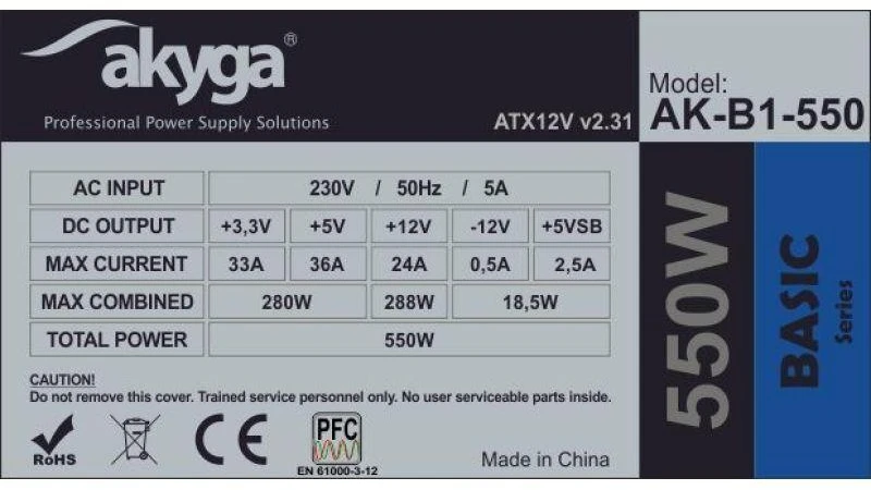 Akyga Basic AK-B1-550 maitinimo blokas (550 W; pasyvus; 120 mm)