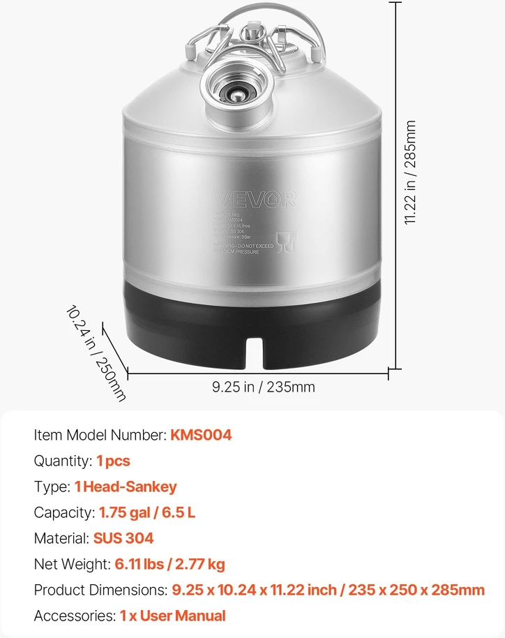 VEVOR Kegų valymo rinkinys, 6.5L su D jungtimi